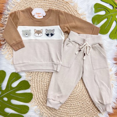 Conj. Casaco Bichinhos da Floresta e Calça de Moletom - Areia